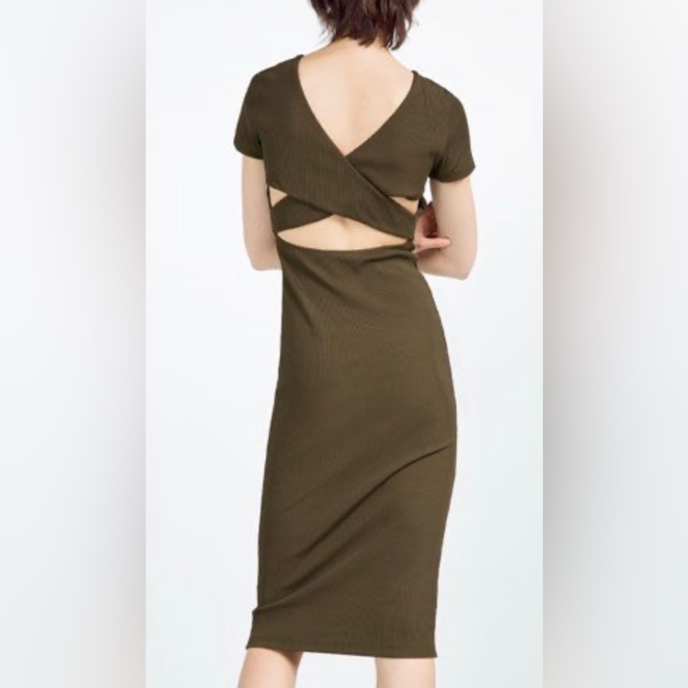 Zara Sz L Trafaluc Collection Olive Green Ribbed Midi Dress with Open Back